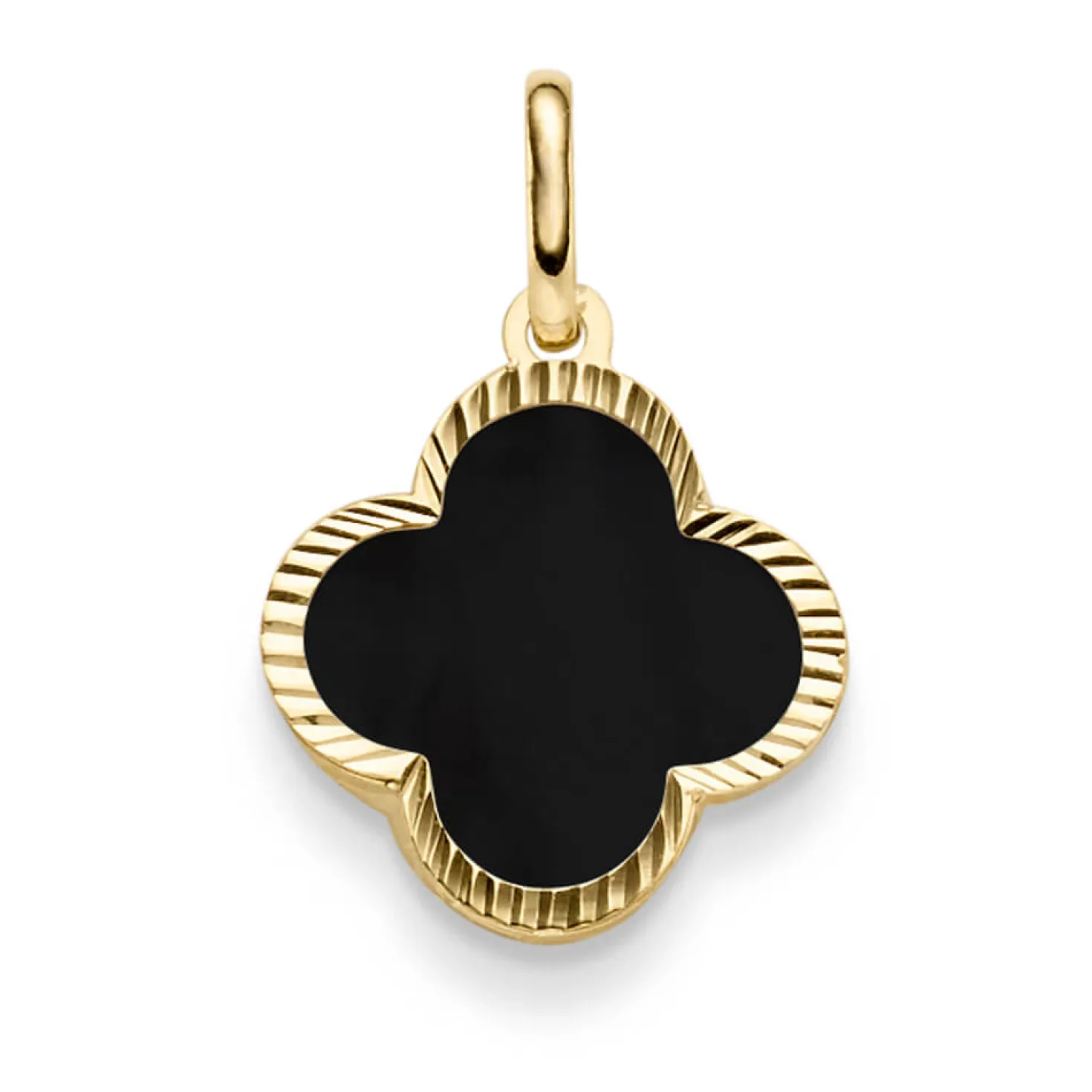 Anhänger aus 585 Gelbgold mit Blume Kleeblatt aus Onyx schwarz klein 15,5x24,5mm