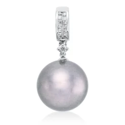 Anhänger aus 750 Weißgold Tahiti-Perle 11,5mm silbergrau 15 Diamanten 0,12ct W-SI