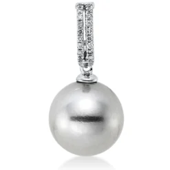Anhänger aus 750 Weißgold Tahiti-Perle 10mm silbergrau 18 Brillanten 0,05ct W-SI