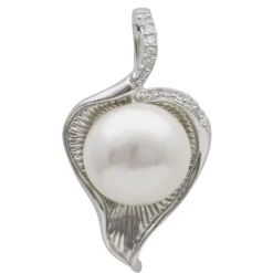Anhänger Blatt mit Perle Muschelkernperle Zirkonia weiß 925 Silber Damen