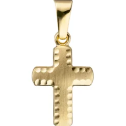 Anhänger Kreuz am Rand diamantiert, 14,1x9mm, 585 Gelbgold matt Kreuzanhänger
