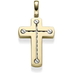 Anhänger Kreuz 38x26mm aus 585 Gold Gelbgold & Weißgold bicolor matt-glänzend