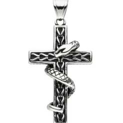 Anhänger Kreuz 46,5x27,5mm mit Schlange aus Edelstahl geschwärzt Unisex