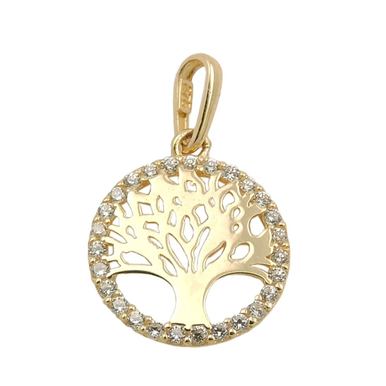 Anhänger 11mm Lebensbaum rund glänzend mit weißen Zirkonia 375 Gold Gelbgold