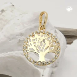 Anhänger 11mm Lebensbaum rund glänzend mit weißen Zirkonia 375 Gold Gelbgold
