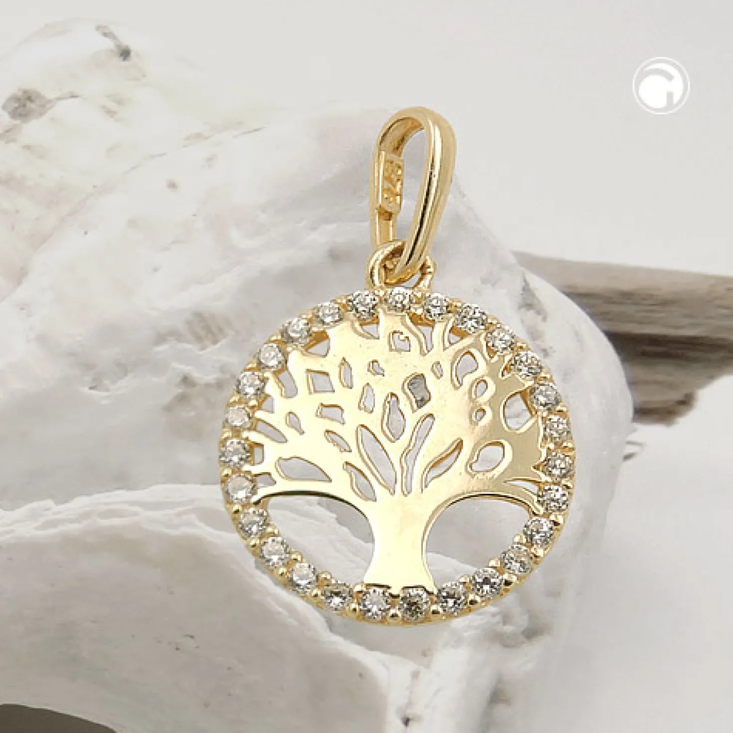 Anhänger 11mm Lebensbaum rund glänzend mit weißen Zirkonia 375 Gold Gelbgold