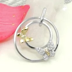Anhänger 24mm 2 Schmetterlinge weiße Zirkonia 925 Silber bicolor vergoldet
