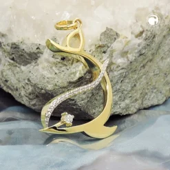 Anhänger stilisierter Delfin 25x20mm mit Zirkonia 375 Gold Gelbgold glänzend