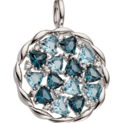 Anhänger 22,3x28,9mm aus 585 Weißgold 14 Blautopase 13 Diamanten 0.09Ct