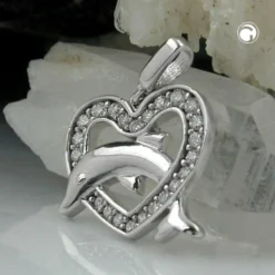 Anhänger 14x15mm Herz & springender Delfin Zirkonia weiß 925 Sterling Silber
