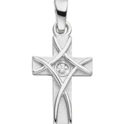Anhänger 9,9x17,8mm Kreuz aus 925 Silber mattiert Zirkonia weiß Kreuzanhänger