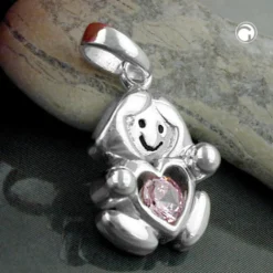 Anhänger 15x10mm Mädchen mit Herz pink Zirkonia 925 Echt Silber Kinder