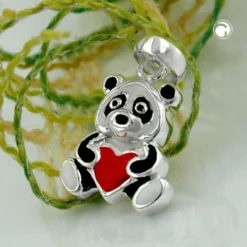 Anhänger 13x9,5mm Panda Bär mit Herz farbig lackiert 925 Silber für Kinder