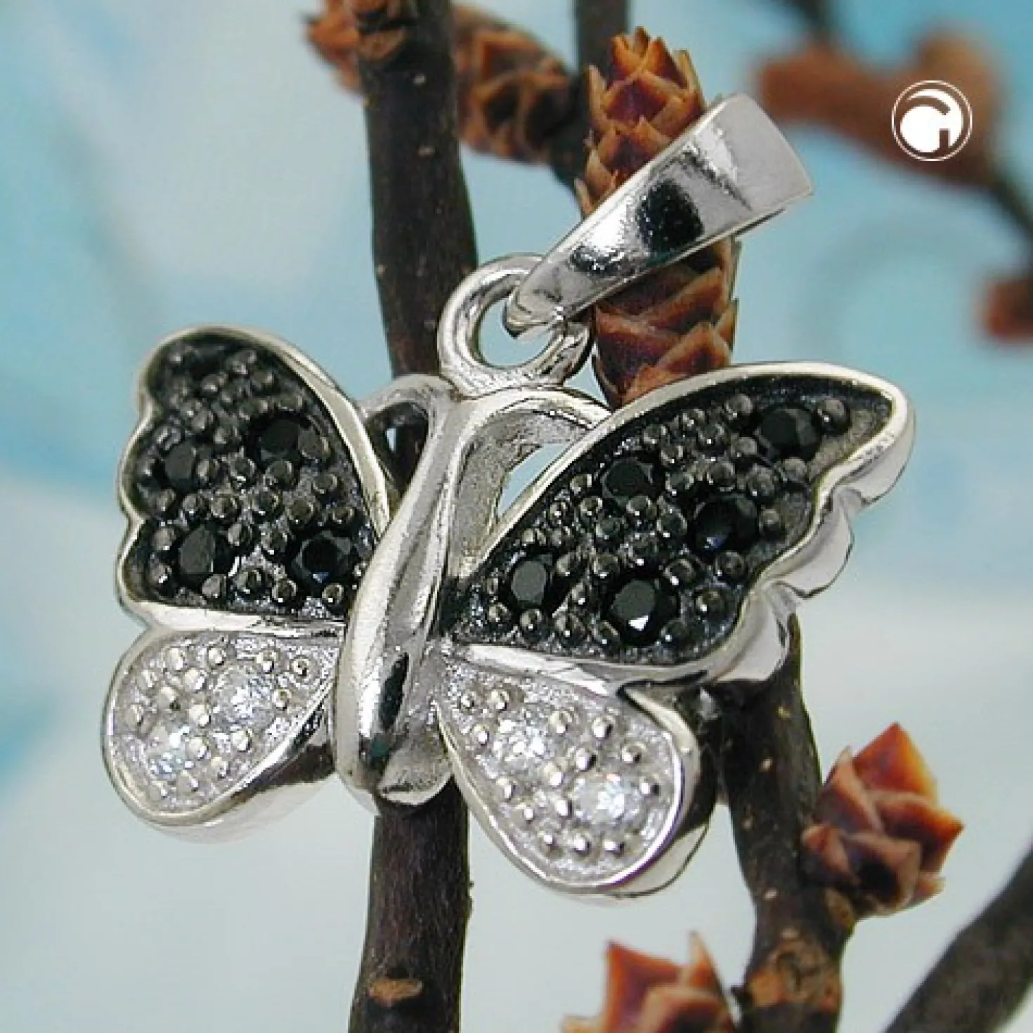Anhänger 11x15mm Schmetterling mit schwarz weißen Zirkonia 925 Silber