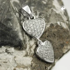 Anhänger 20x8mm zwei Herzen mit vielen Zirkonia weiß 925 Silber rhodiniert