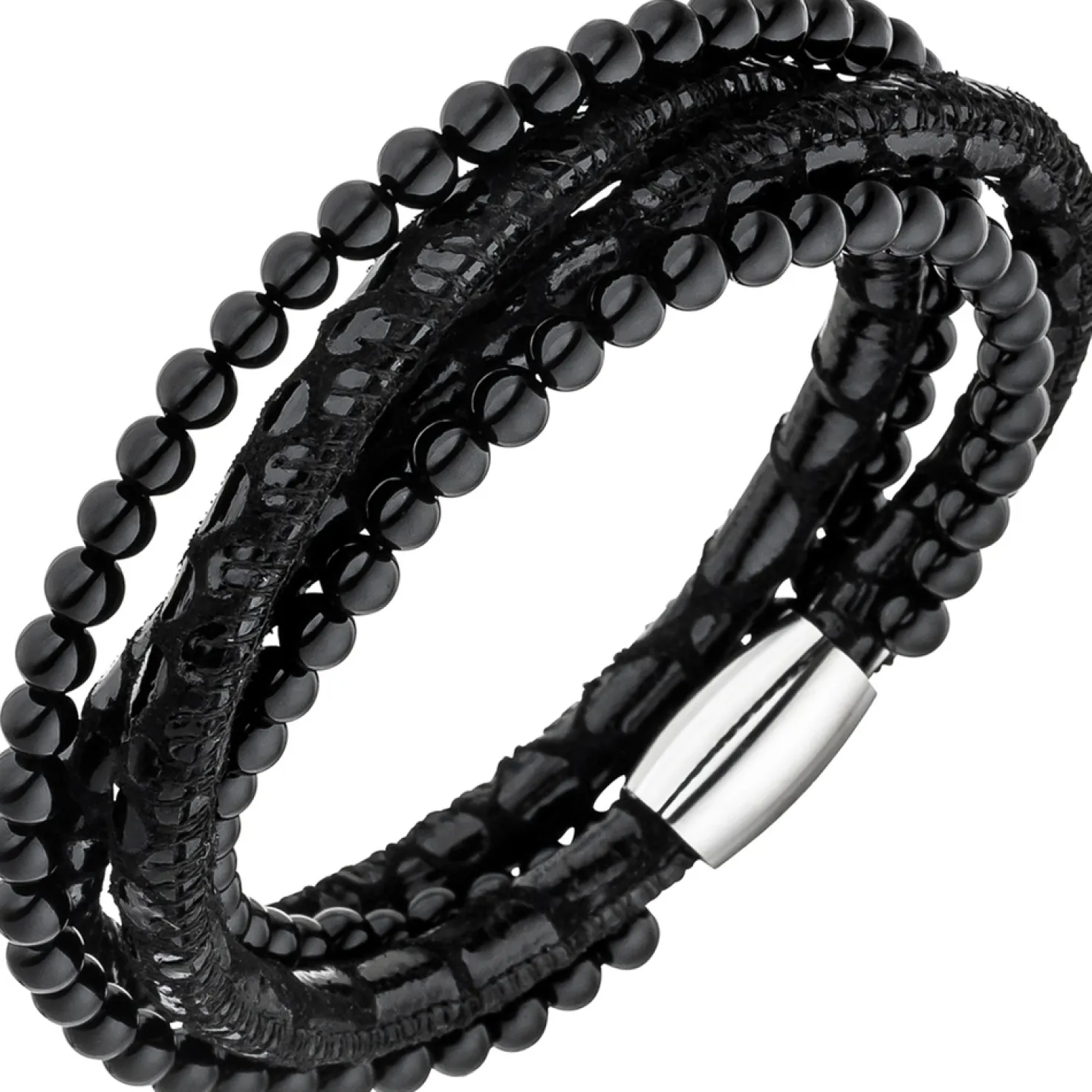 Armband Armschmuck aus Leder schwarz mit Onyx Kugeln & Edelstahl 19cm
