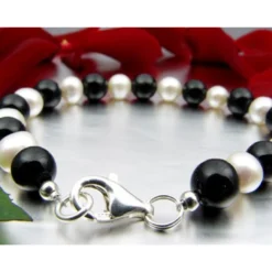 Armband Armschmuck aus Onyx & Süßwasserperlen & 925 Silber, schwarz-weiß