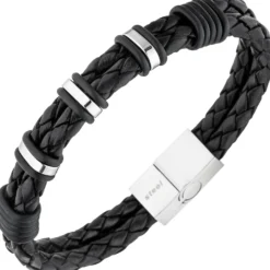 Armband Armschmuck für Herren 2-reihig Leder schwarz mit Edelstahl 21cm
