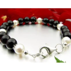 Armband aus echtem Onyx & Perlen & 925er Silber