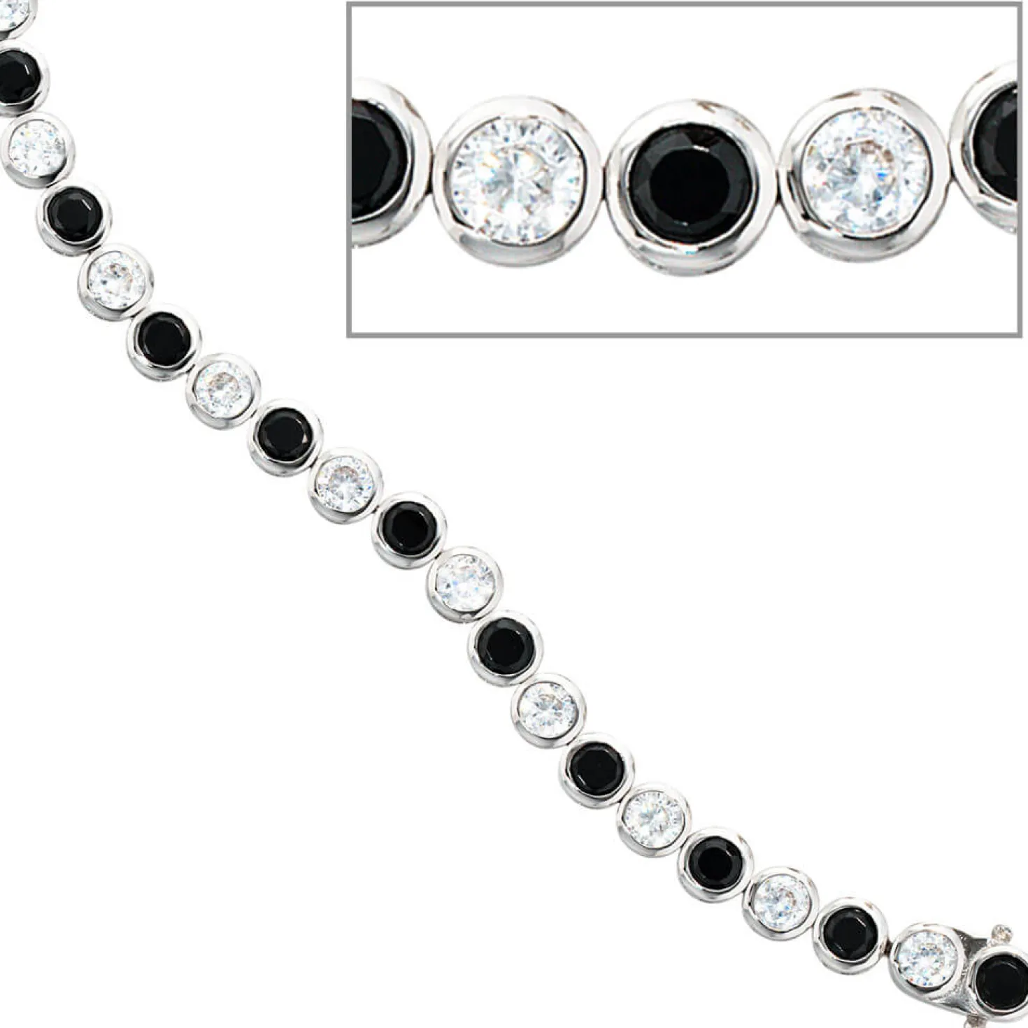 Armband mit Zirkonia schwarz weiß, 925 Silber rhodiniert, 19 cm