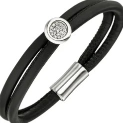 Armband 2-reihig mit 19 Brillanten 0.13Ct W/SI Leder schwarz 585 Gold Weißgold