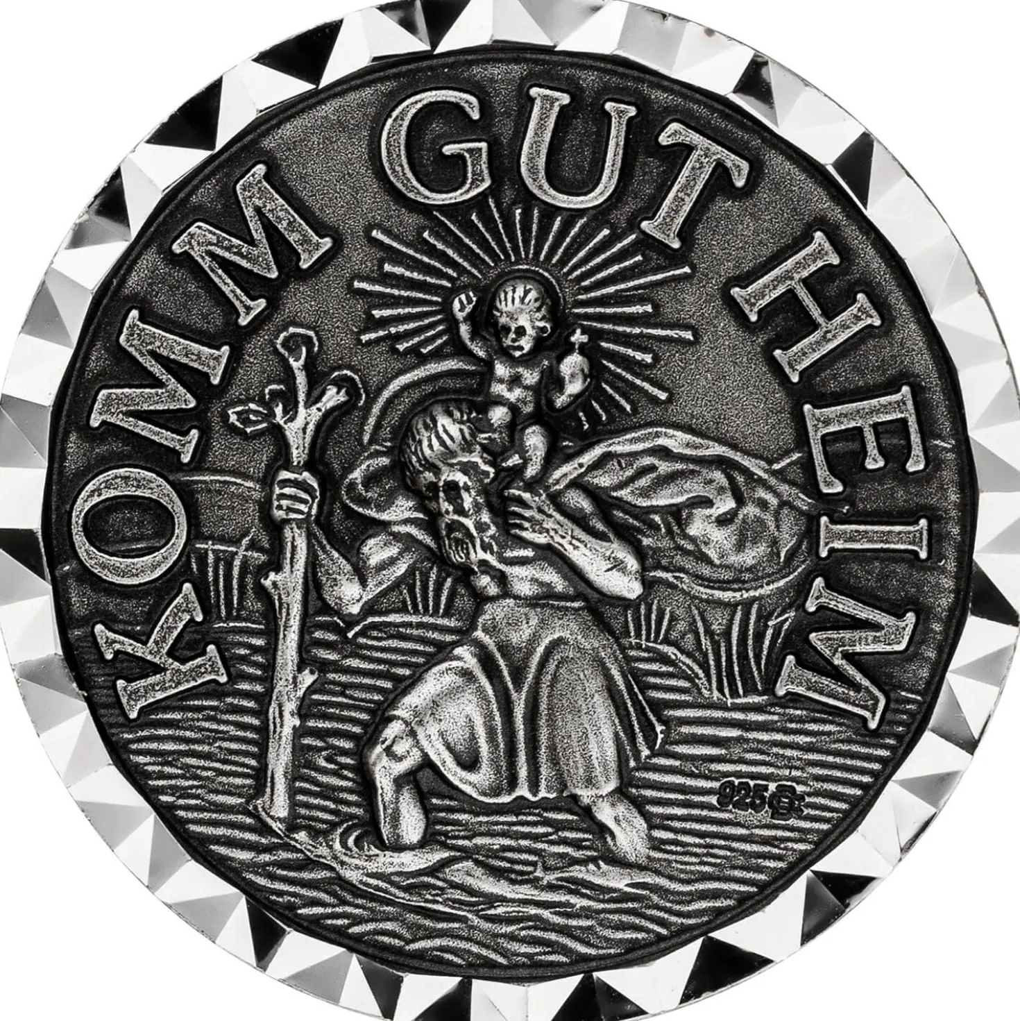 Autoplakette 'KOMM GUT HEIM' Christopherus aus 925 Silber oxydiert mit Magnet