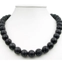 Breite Kette Halskette aus echter Lava mit Poren schwarz Ø 14mm 925 Silber 50cm