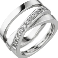 Breiter Ring gekreutzt 585 Gold Weißgold 12 Diamanten Brillanten 0,18 Ct W-SI