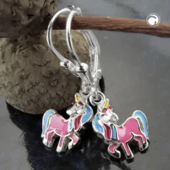 Brisur 26x8mm Ohrringe für Kinder Einhorn mit farbigen Lackeinlagen 925 Silber