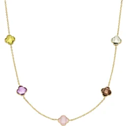 Collier aus 585 Gold Gelbgold Kleeblatt Blumen echte Edelsteine multicolor 45cm
