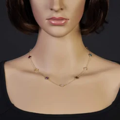 Collier aus 585 Gold Gelbgold Kleeblatt Blumen echte Edelsteine multicolor 45cm
