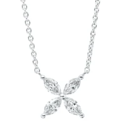 Collier Blume aus 750 Weißgold 4 Diamanten Navette-Schliff 0,41ct TW-SI L:45,7cm