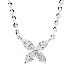 Collier Blume aus 750 Weißgold 4 Diamanten Navette-Schliff 0,36ct TW-VSI L:45,7cm