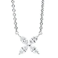 Collier Blume aus 750 Weißgold 4 Diamanten Navette-Schliff 0,3ct TW-SI L:45cm