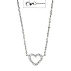 Collier Kette Halskette mit Anhänger, Herz mit Zirkonia weiß, 925 Silber 42cm