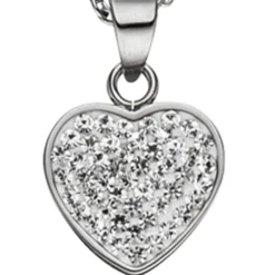 Collier Kette mit Anhänger Herz Herzanhänger, weiße Kristalle, Edelstahl, 45cm