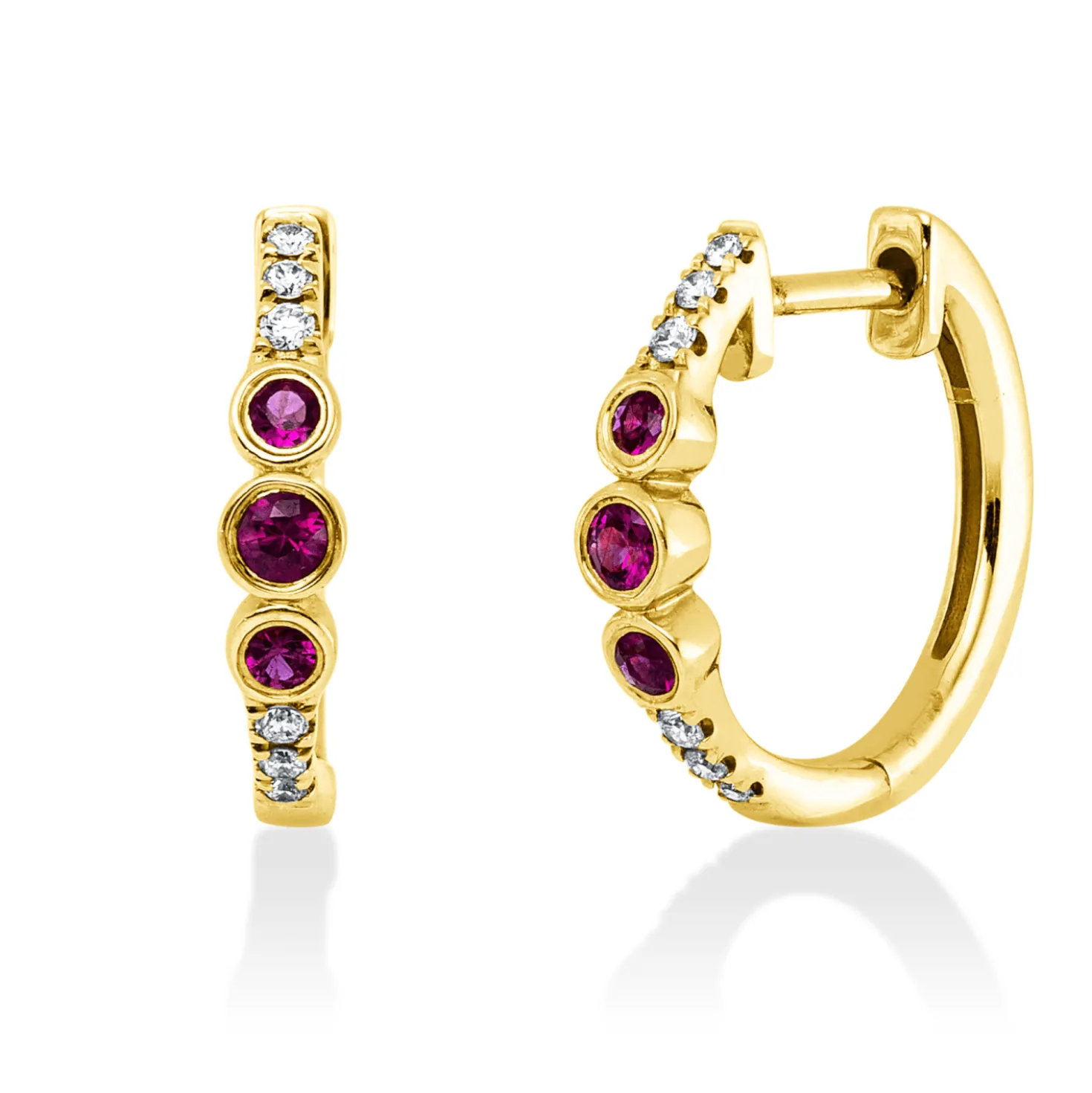 Creolen aus 585 Gelbgold 6 Rubine 0,23ct rot 12 Diamanten 0,09ct TW-SI 15,3x3mm