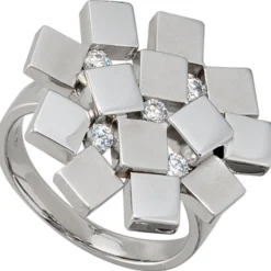 Damenring mit 5 Zirkonia, 925 Echt Silber Sterlingsilber, teilmattiert