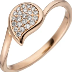 Damen-Ring Tropfen mit 22 Diamanten Brillanten 0,16 Ct 585 Gold Rotgold