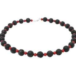 Halskette aus Lava & Koralle schwarz-rot 925 Silber 51cm Collier Halsschmuck
