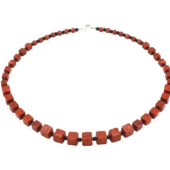 Halskette Collier im Verlauf aus Koralle Würfel Onyx 925 Silber rot-braun schwarz