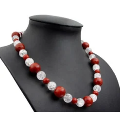 Halskette Collier Koralle Schaumkoralle & Bergkristall braun-rot-weiß 925 Silber
