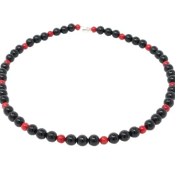 Halskette Kette aus Onyx & Koralle & 925 Silber, schwarz-rot