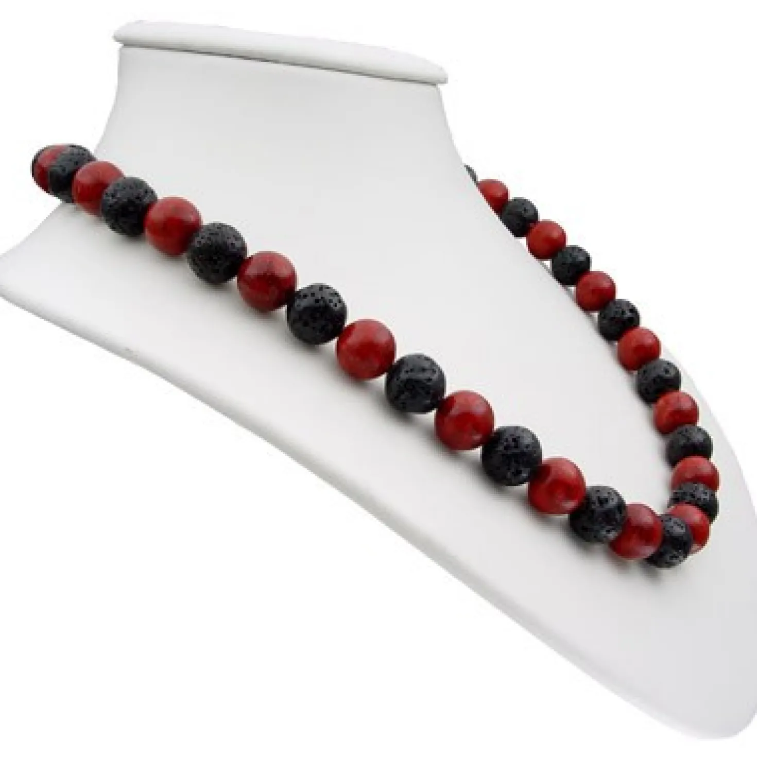 Kette Collier aus Koralle & Lava & 925 Silber, schwarz braun-rot