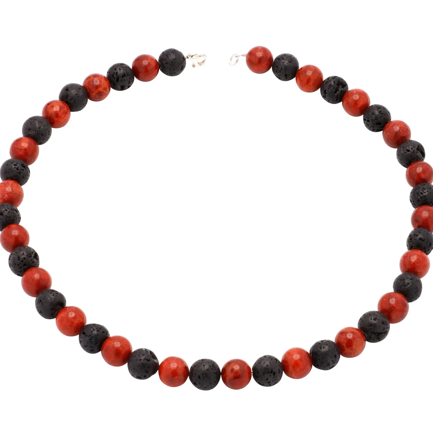 Kette Collier aus Koralle & Lava & 925 Silber, schwarz braun-rot
