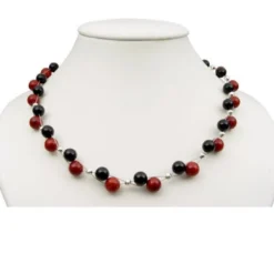 Kette Collier aus Koralle & Onyx, rot-braun schwarz, Halskette, Damen