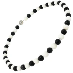 Kette Collier aus Lava & Koralle schwarz weiß, Halskette Damen