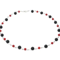 Kette Collier aus Onyx & Koralle, rot-schwarz, Halskette für Damen