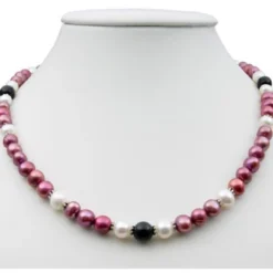 Kette Collier aus Perlen Süßwasser-Zuchtperlen & Onyx pflaume-schwarz-weiß 47cm