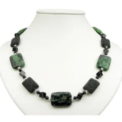 Kette Collier aus Rubin-Zoisit & Lava & Onyx schwarz-grün 925 Silber Halskette